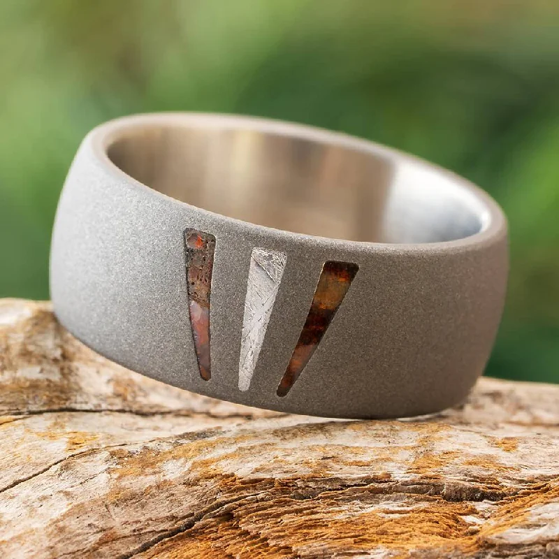 Triple Inlay Wedding Band with Meteorite, Dino Bone, and Ironwood