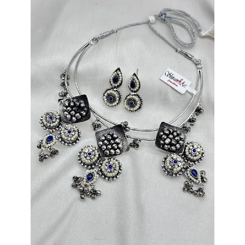 Akruti Collection Oxidised Plated Pota Stone Necklace Set