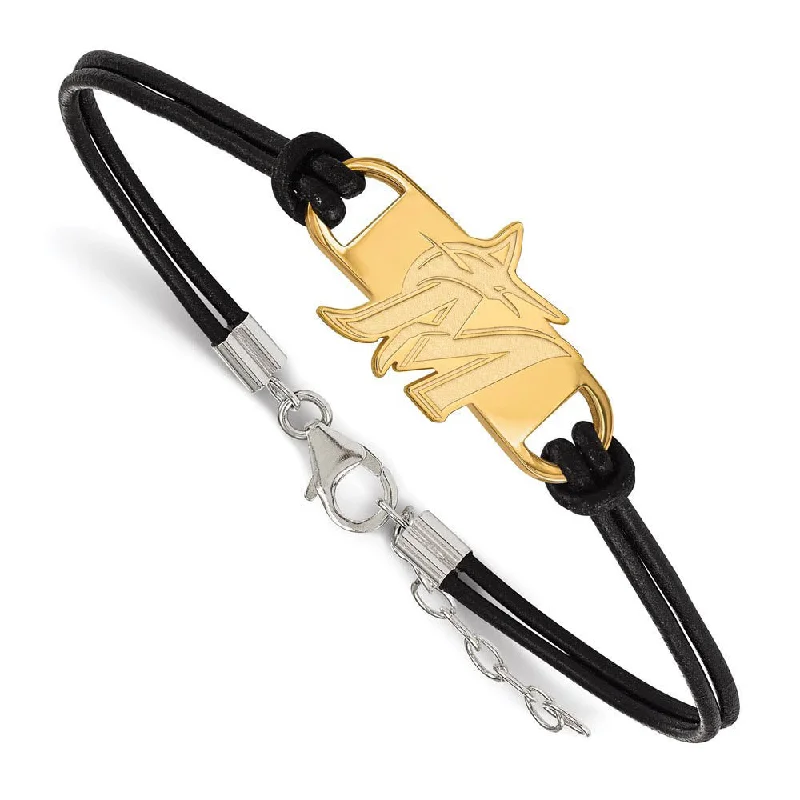 14K Yellow Gold Plated S.S. MLB Miami Marlins Leather Bracelet, 7 In