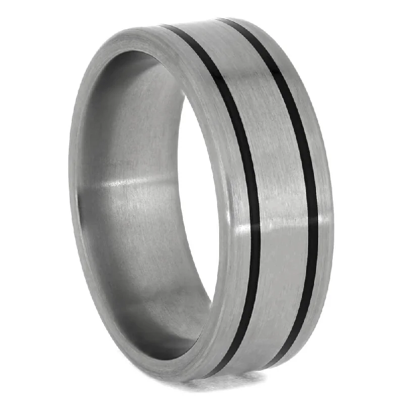 Titanium Ring with Black Enamel Pinstripes-1386