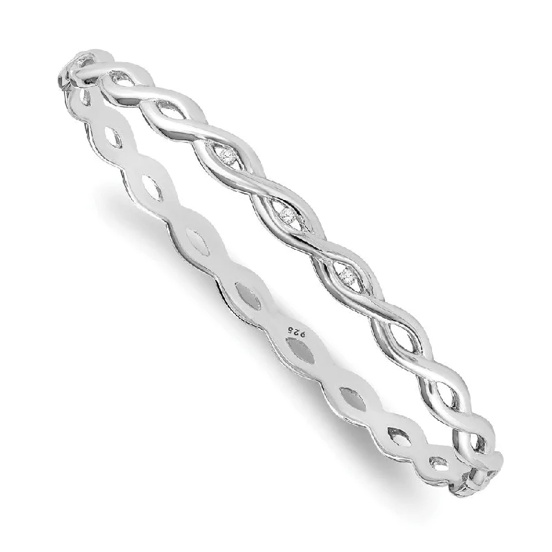 Rhodium Plated Sterling Silver & Diamond Twist Bangle Bracelet