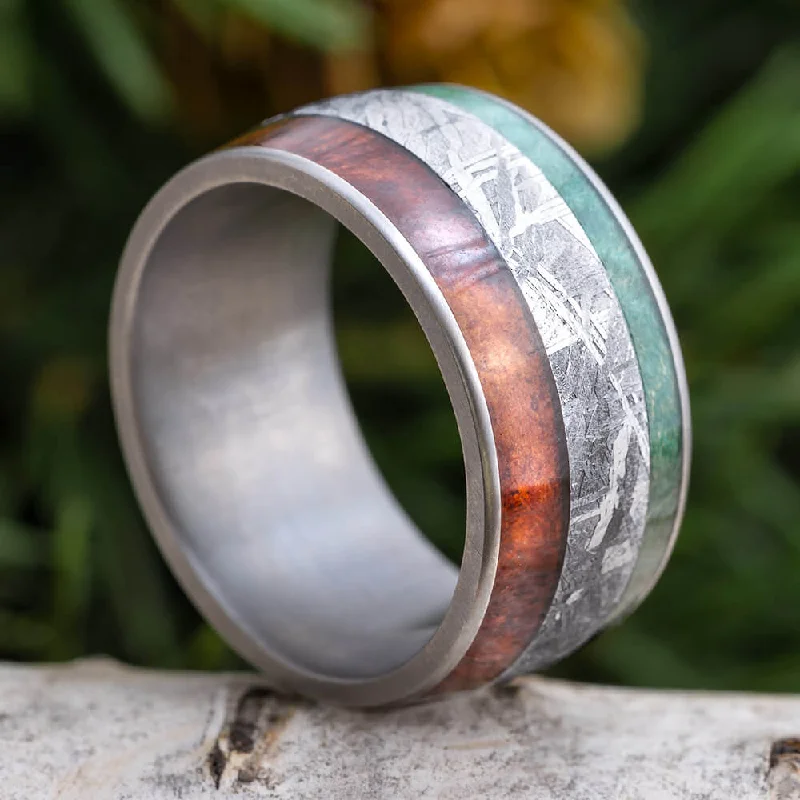 Meteorite Wedding Band with Green Box Elder & Afzelia Wood