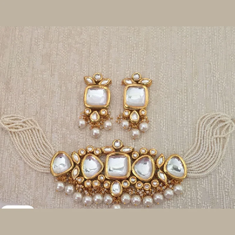 FS Collection Gold Plated Kundan Stone And Pearls Choker Necklace Set