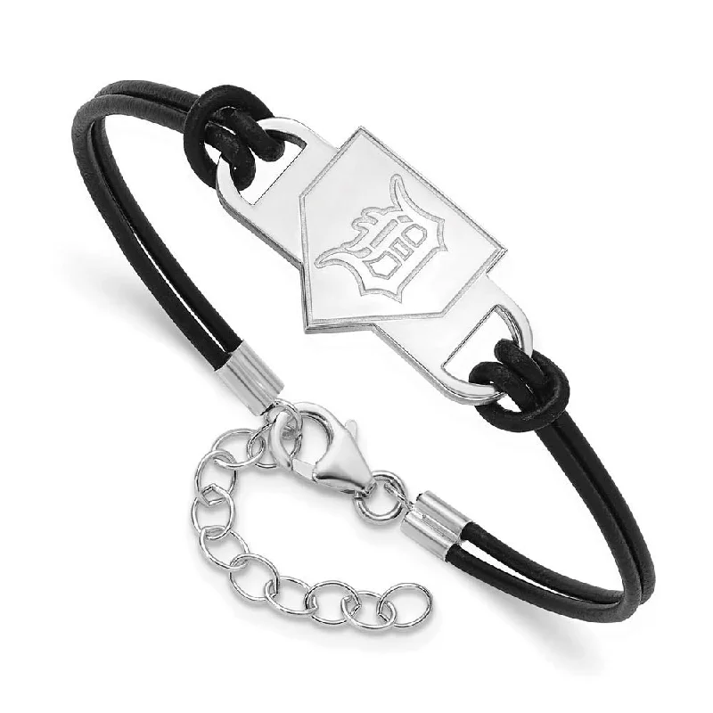 Sterling Silver MLB Detroit Tigers Homeplate Leather Bracelet, 7 Inch