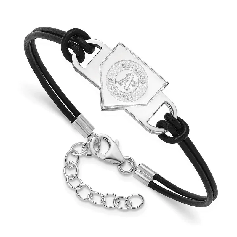 Sterling Silver MLB Oakland Athletics Homeplate Leather Bracelet, 7 In