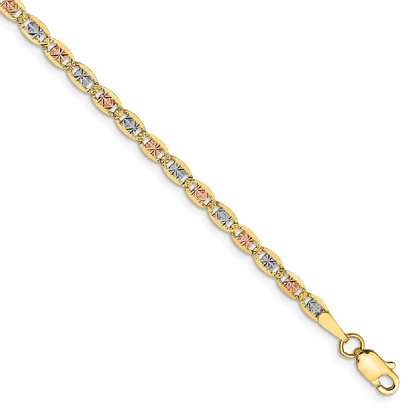 2.75mm 14k Gold Tri-Color Solid Fancy Pave Anchor Chain Bracelet