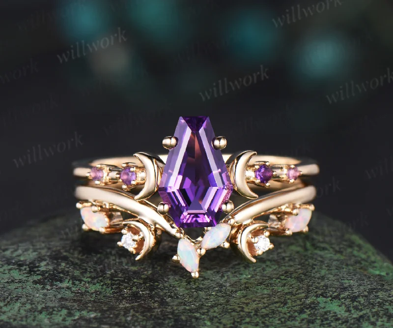 Coffin purple amethyst ring vintage five stone moon kite cut amethyst engagement ring set women opal wedding ring band anniversary gift