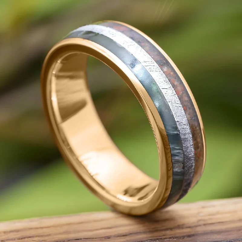 Rose Gold Wedding Band with Meteorite, Fossil, & Jade