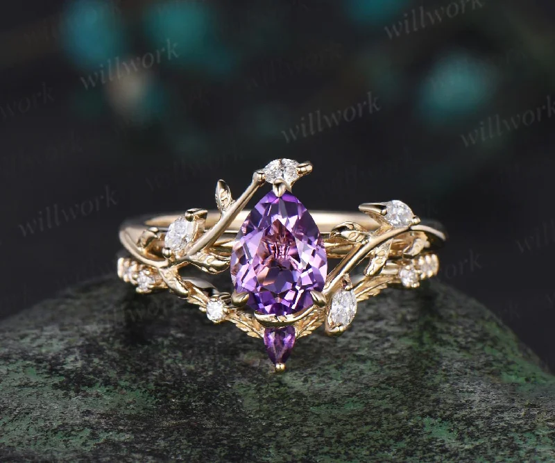 Vintage pear purple amethyst engagement ring solid 14k yellow gold branch leaf floral unique cluster diamond anniversary ring set women gift