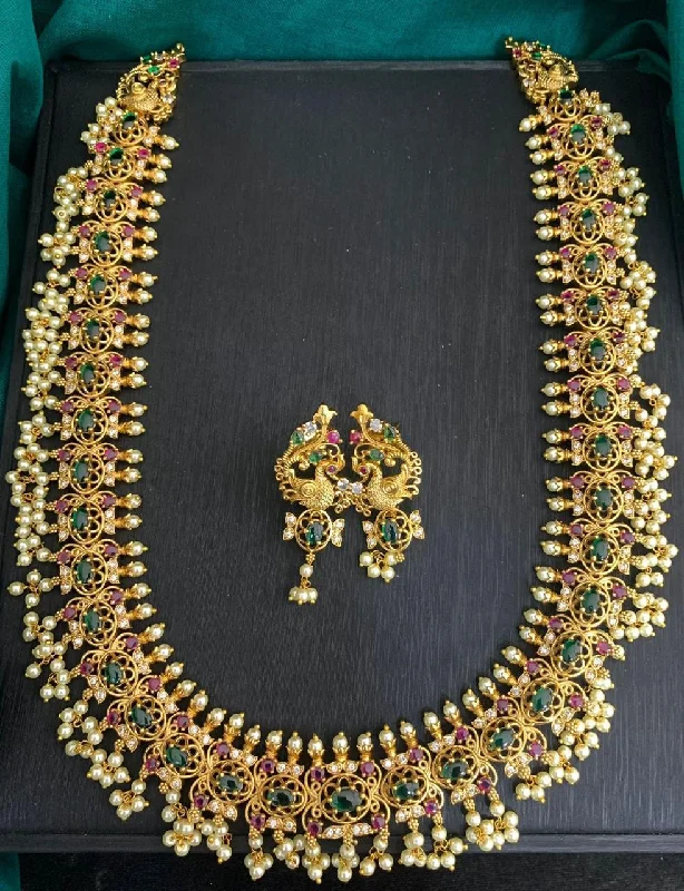 Sona Creation Gold Plated Pota Stone And Pearls Long Necklace Set