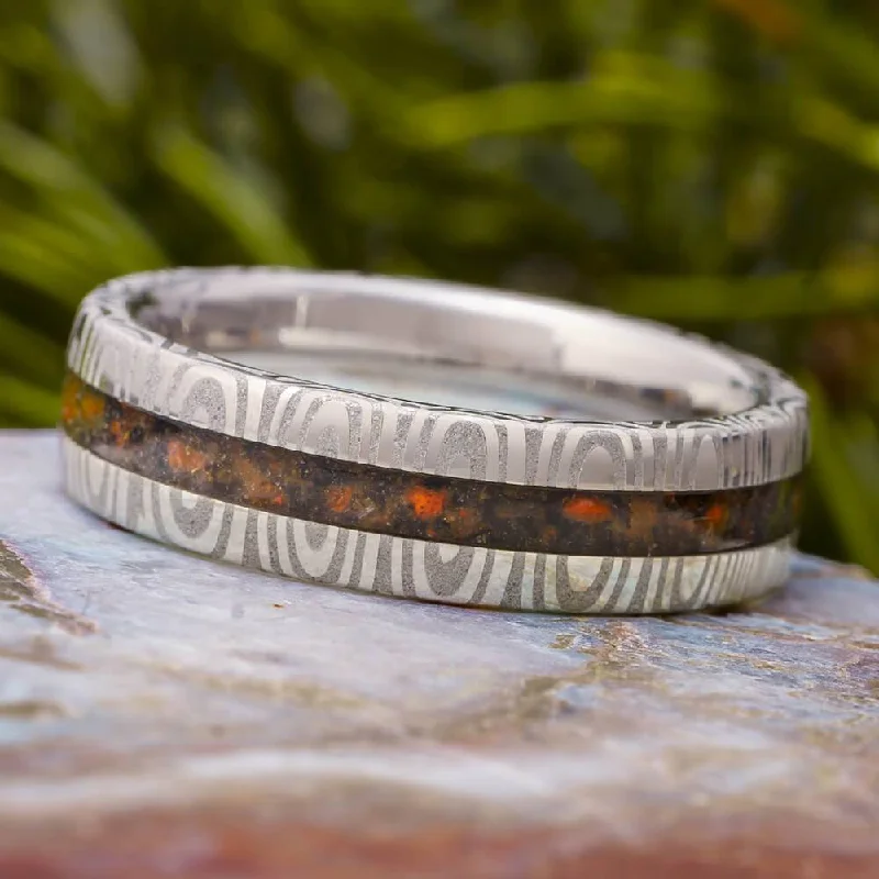 Damascus Wedding Band With Crushed Dinosaur Bone Inlay