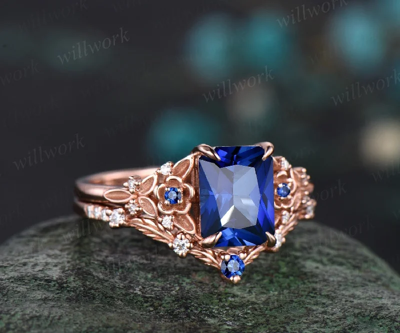 Vintage Radiant cut sapphire engagement ring rose gold leaf flower nature inspired unique cluster diamond bridal wedding ring set women