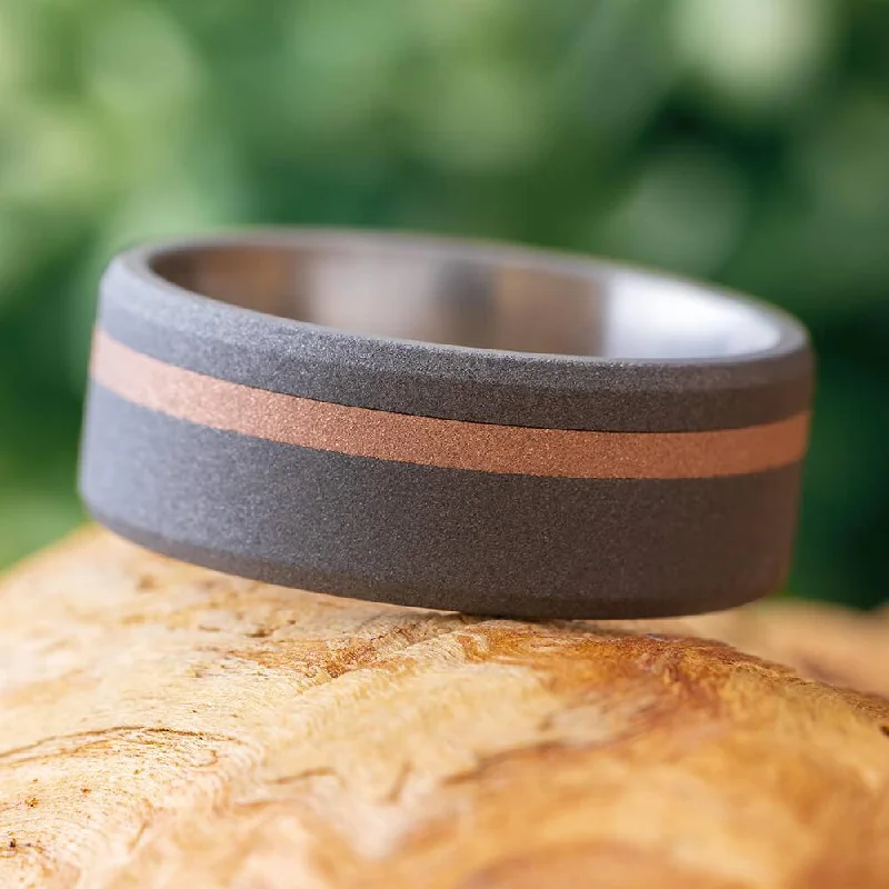 Sandblasted Titanium Wedding Band with Rose Gold Pinstripe