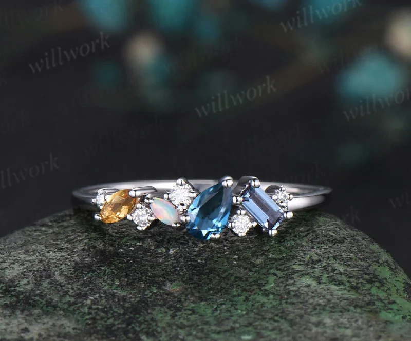 14k white gold pear London blue topaz alexandrite opal citrine moissanite wedding band Multi-Stone Ring anniversary engagement ring gift