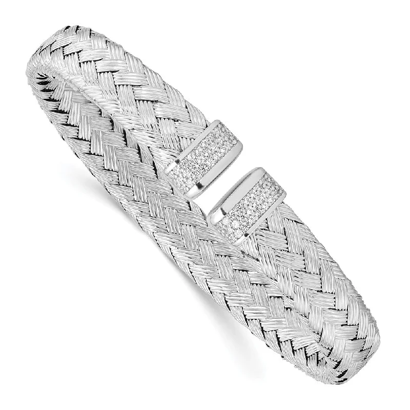 Sterling Silver & Cubic Zirconia Flexible 9mm Woven Cuff Bracelet