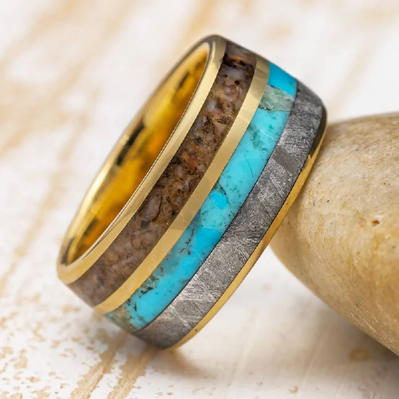 Yellow Gold Men's Dinosaur Bone, Meteorite & Turquoise Ring