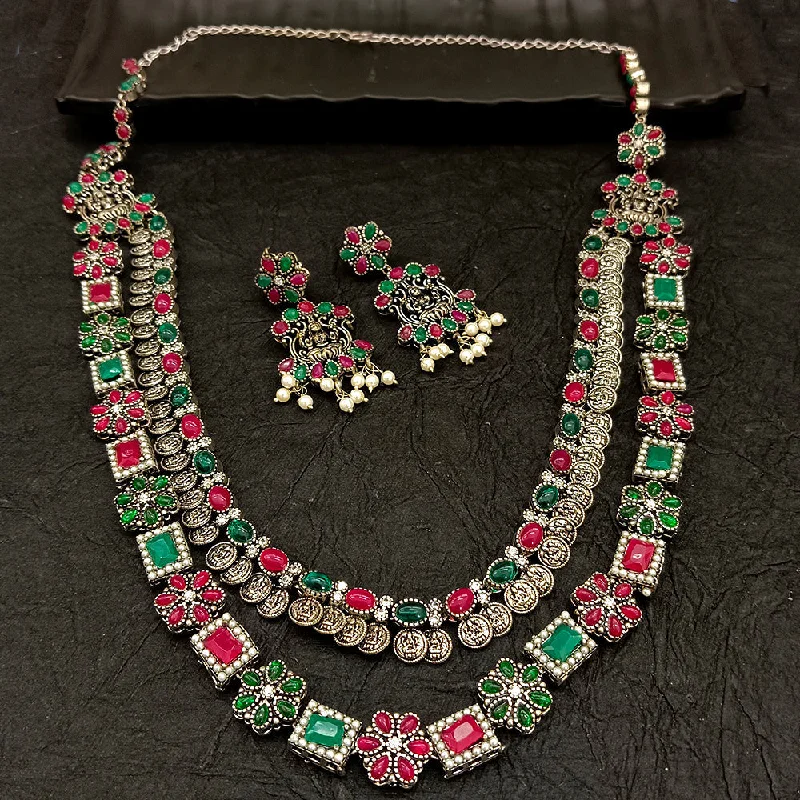 Deep Jewell Oxidised Plated Kundan Stone And Temple Necklace Set