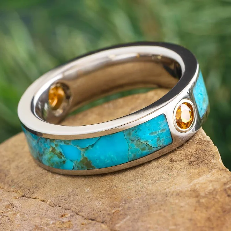 Turquoise and Orange Sapphire Wedding Band for Men