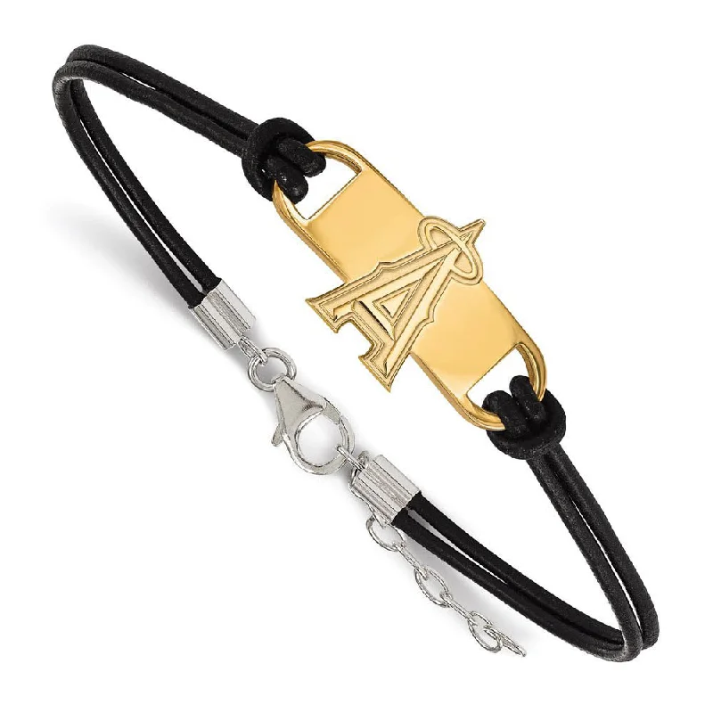 14K Yellow Gold Plated S.S. MLB LA Angels Leather Bracelet, 7 In