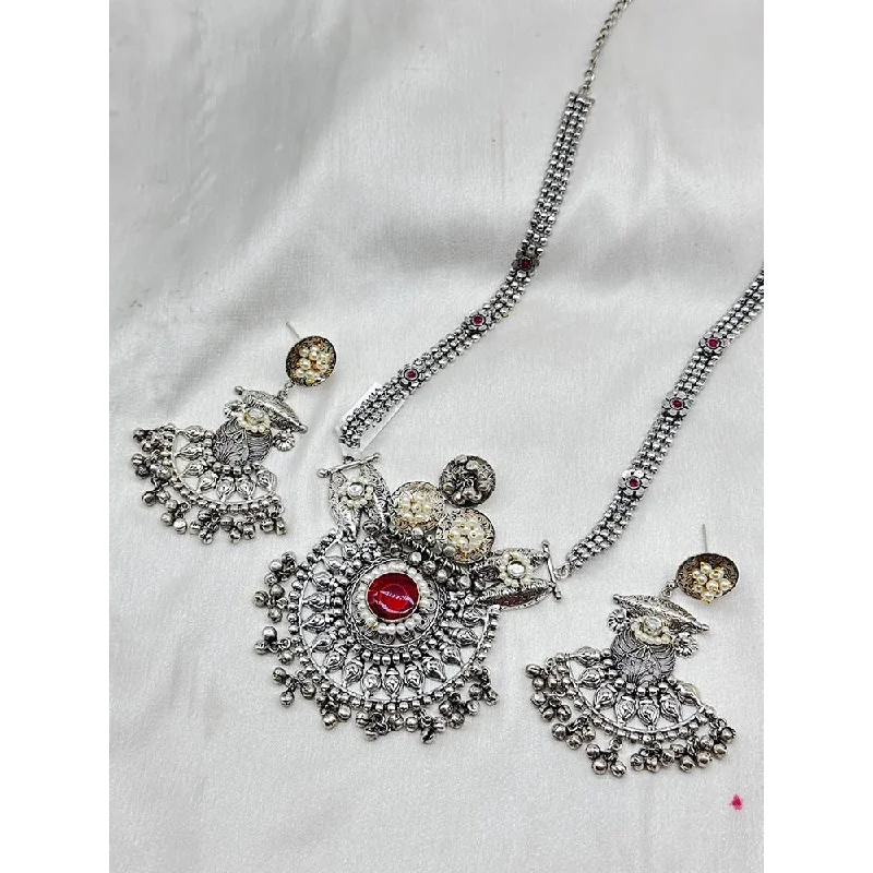 Akruti Collection Oxidised Plated Pota Stone Necklace Set