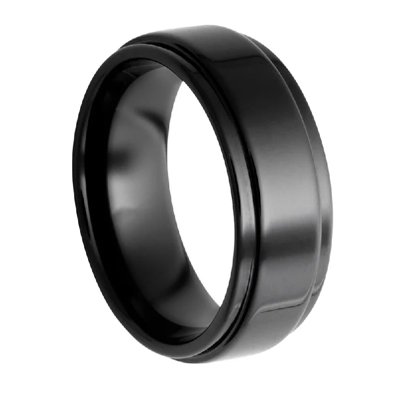 Men's Wedding Band in Black Ceramic, Grooved Edges