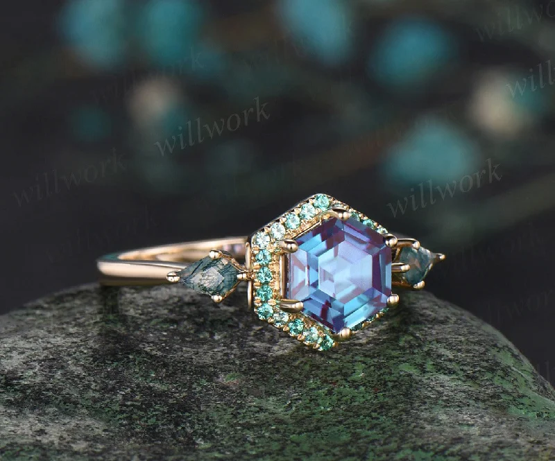 Hexagon Cut color changed Alexandrite Engagement Ring halo emerald ring kite moss agate wedding ring women gift For Her