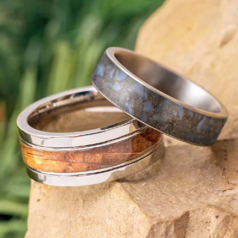 Whiskey Barrel Oak & Dinosaur Bone Modular Titanium Ring Set