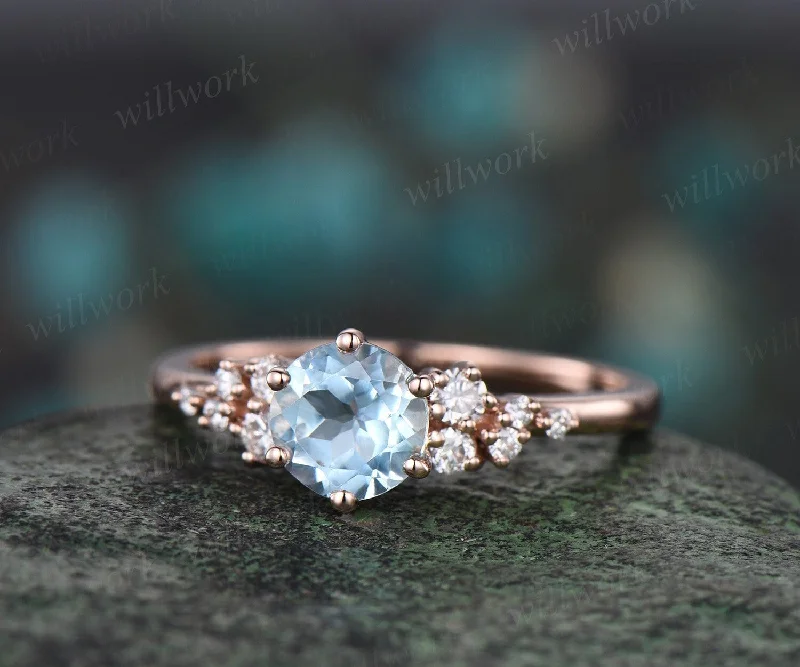 Round cut sky blue topaz ring vintage rose gold 6 prong snowdrift unique engagement ring women dainty diamond wedding anniversary ring gift