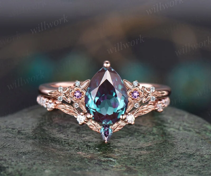 Vintage pear alexandrite engagement ring set(8*10mm pear alexandrite-18k white gold-ring size 9.5)