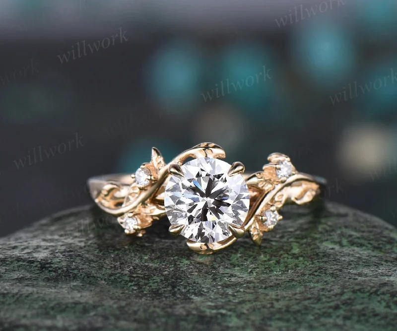 Vintage 1ct round cut Lab grown diamond engagement ring 14k yellow gold leaf five stone diamond anniversary promise wedding ring women gift