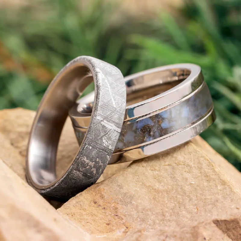 Modular Titanium Ring Set With Dinosaur Bone & Meteorite Inlays