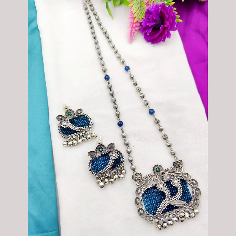 Fancyla Oxidised Plated Pota Stone And Pearls Long Necklace Set