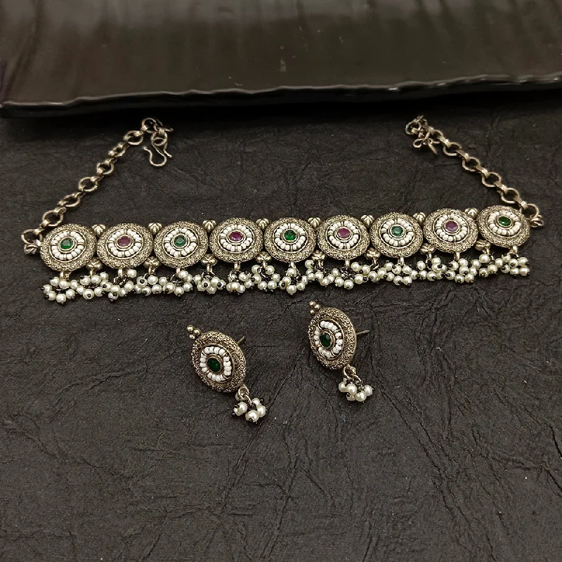 Deep Jewell Oxidised Plated Pearl Choker Necklace Set