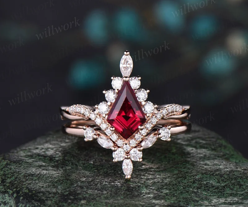 Vintage kite cut red ruby ring rose gold halo unique engagement ring set art deco curved twisted diamond promise wedding ring women