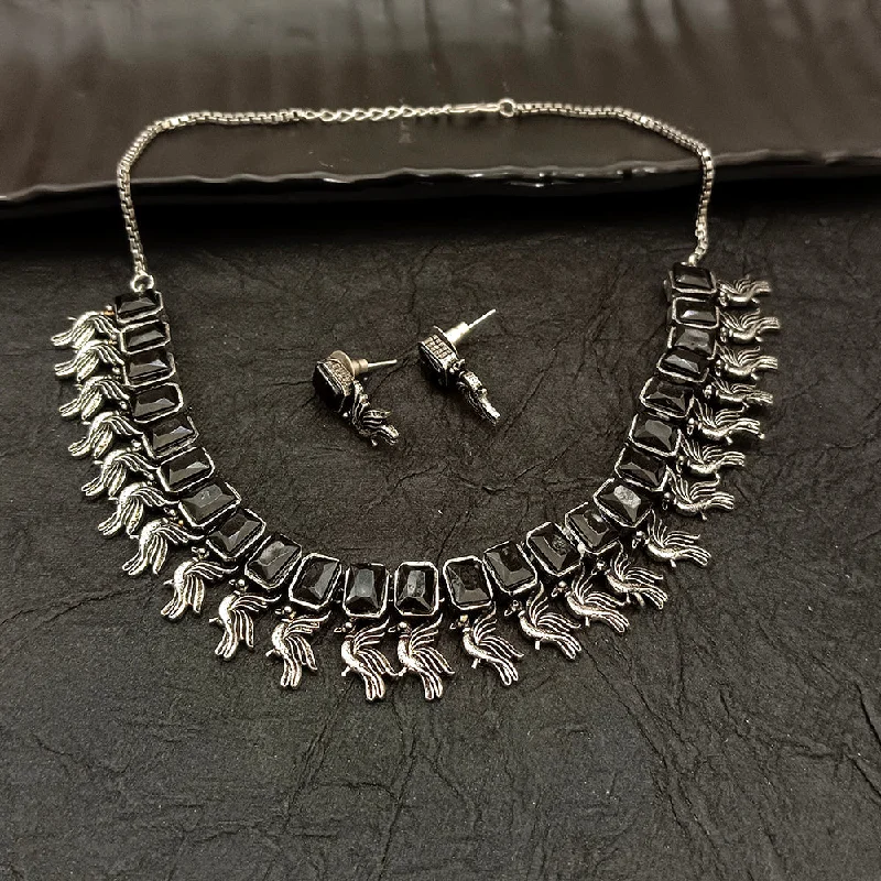 Deep Jewell Oxidised Plated Crystal Stone Sparrow Necklace Set