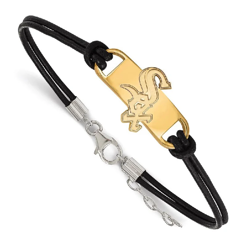 14K Yellow Gold Plated SS MLB Chicago White Sox Leather Bracelet, 7 In