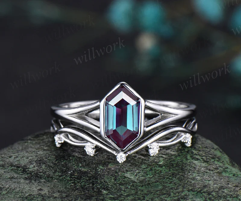 Long hexagon cut alexandrite Engagement Ring Set Solitaire split shank white gold ring vintage infinity wedding Anniversary gift