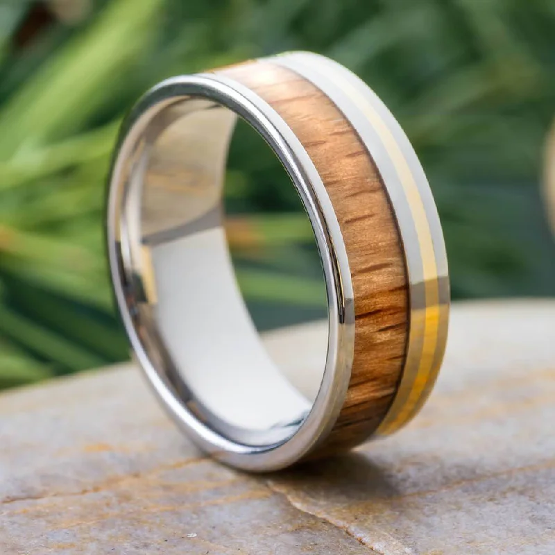 Oak Wood Wedding Band with Gold Pinstripe in Titanium