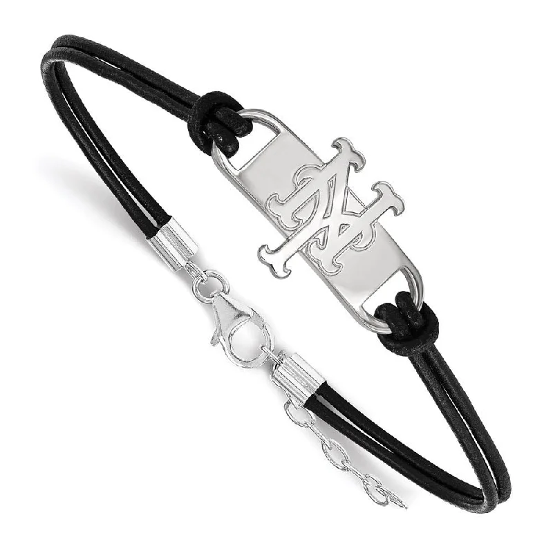 Sterling Silver Rhodium MLB New York Mets Leather Bracelet, 7 Inch