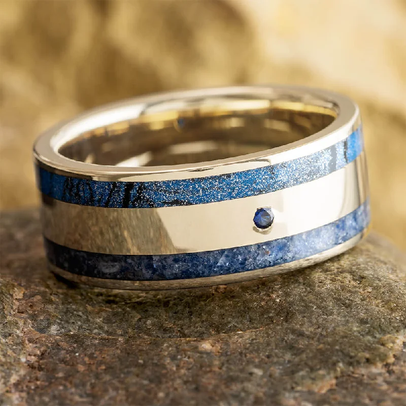 Men's Blue Wedding Band with Mokume Gane and Sapphire in White Gold