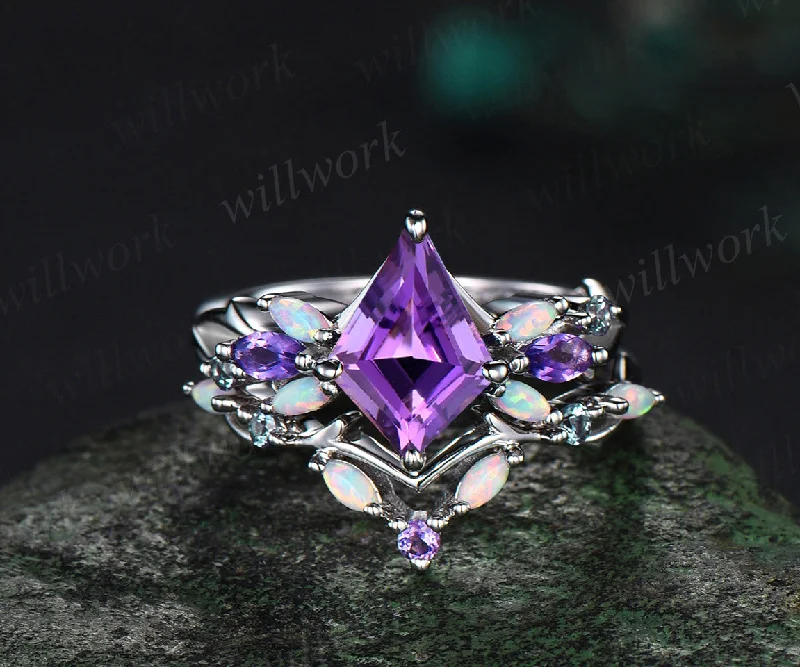 Vintage Kite Amethyst Engagement Ring Set White Gold Vines alexandrite Opal Ring Women Bridal Set Unique Twig Anniversary Promise Ring Gift