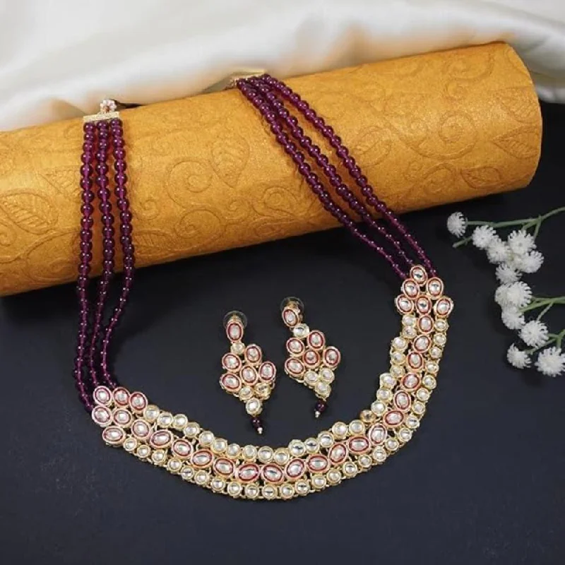 Etnico Gold Plated Traditional Stunning Maroon Meenakari Kundan Studded Pearl Necklace Jewellery Set with Earrings For Women and Girls (IJ366) (Wine)