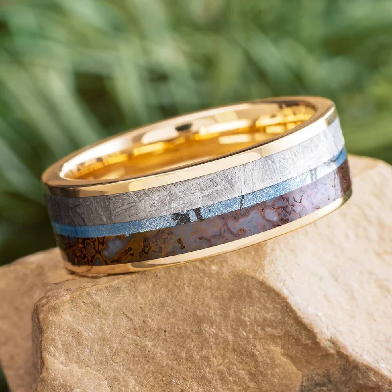 Meteorite & Dino Bone Wedding Band in Yellow Gold