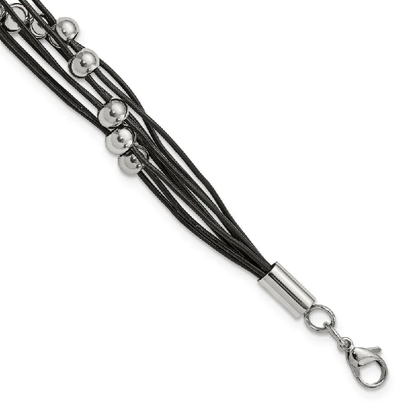 Multi Strand Black Leather Stainless Steel Bead Bracelet, 8 Inch