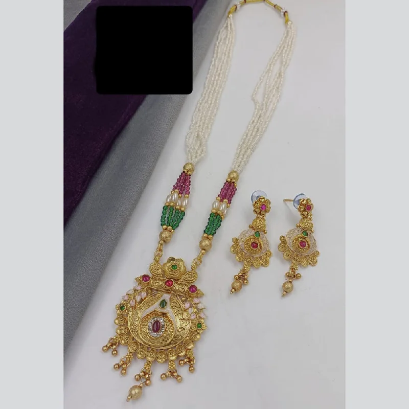 Manisha Jewellery Gold Plated Pota Stone And Pearls Meenakari Long Necklace Set