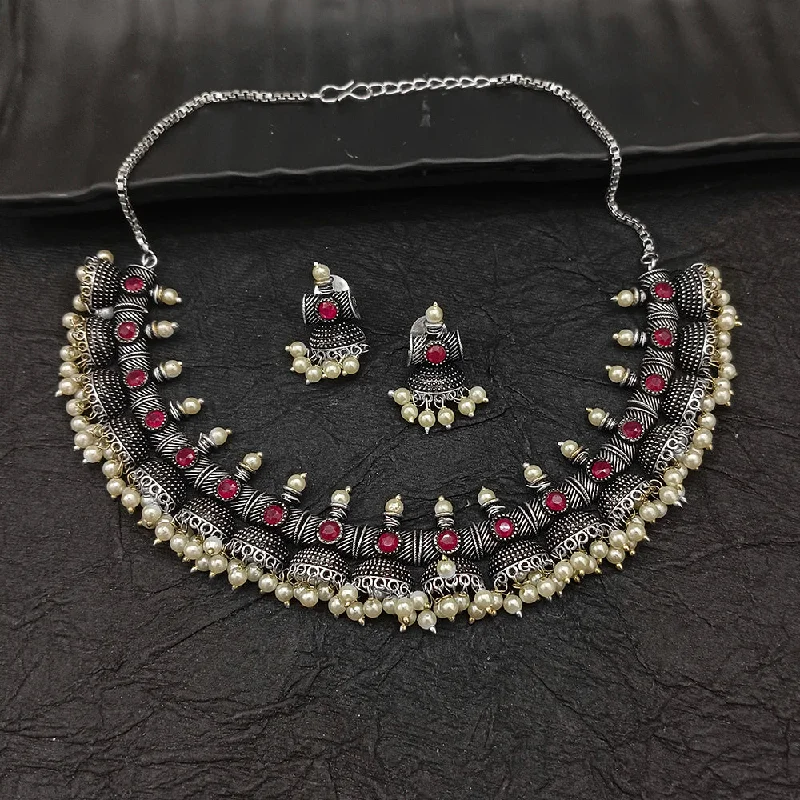 Deep Jewell Oxidised Plated Pota Stone Necklace Set