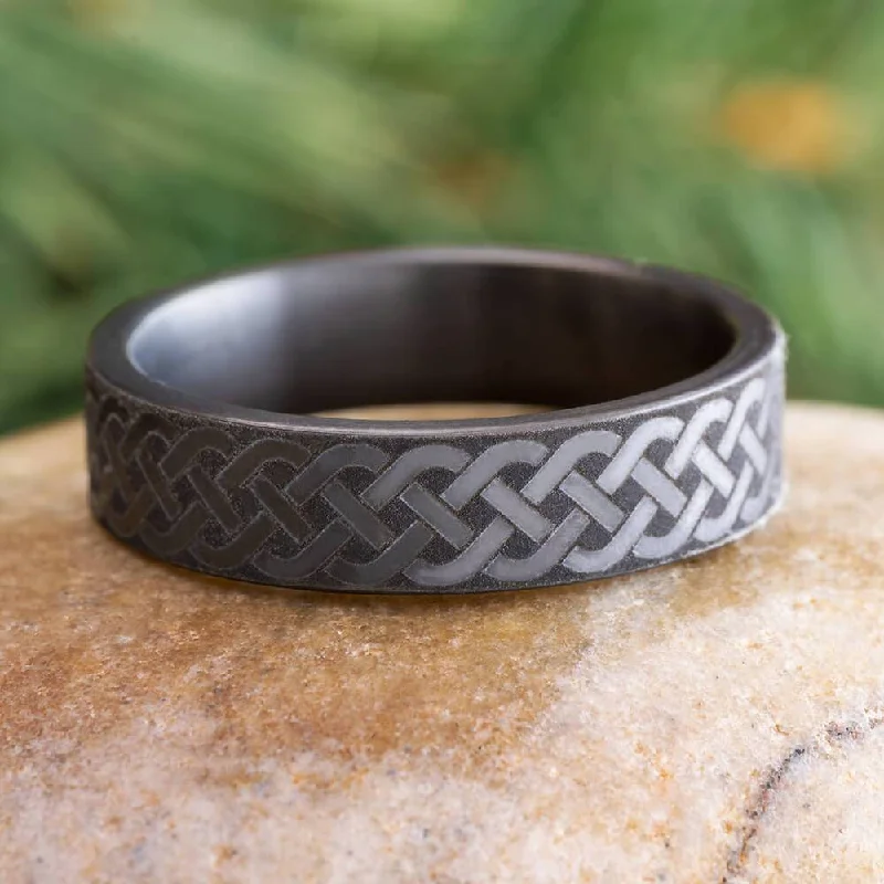 Black Zirconium Ring with Celtic Knot Engraving