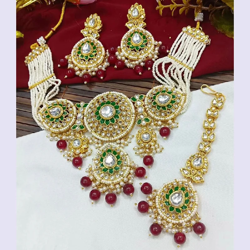 Sai Fashion Gold Plated Kundan Stone Beads And Pearls Meenakari Necklace Set