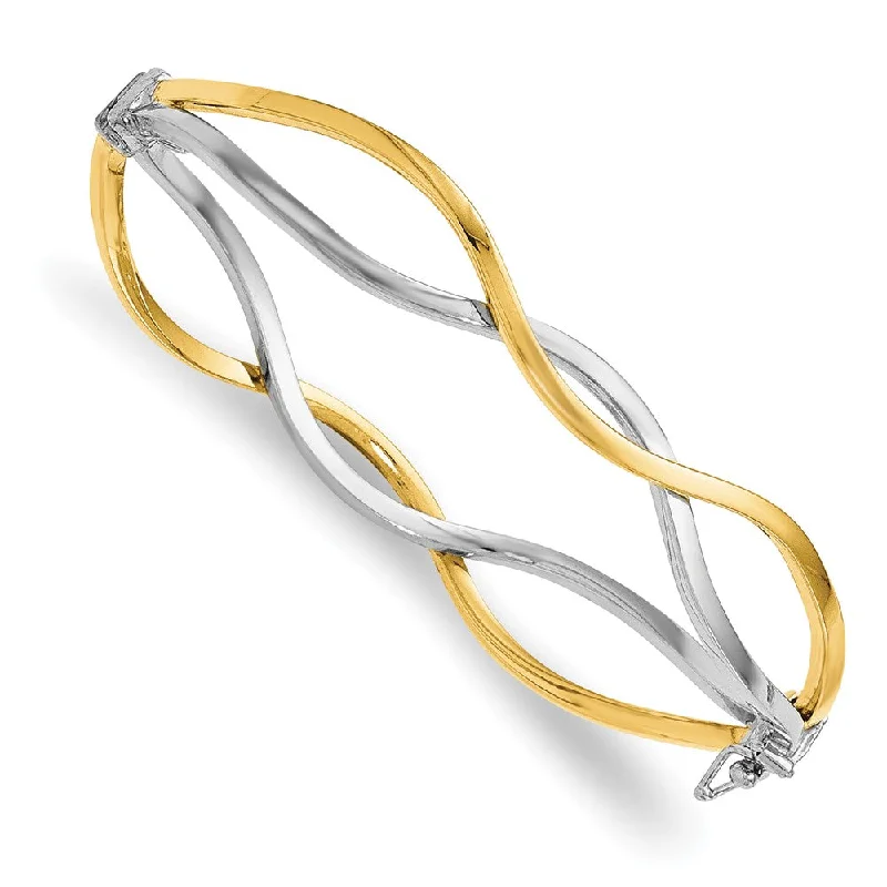 10k Yellow Gold & White Rhodium 10mm Twisted Bangle Bracelet