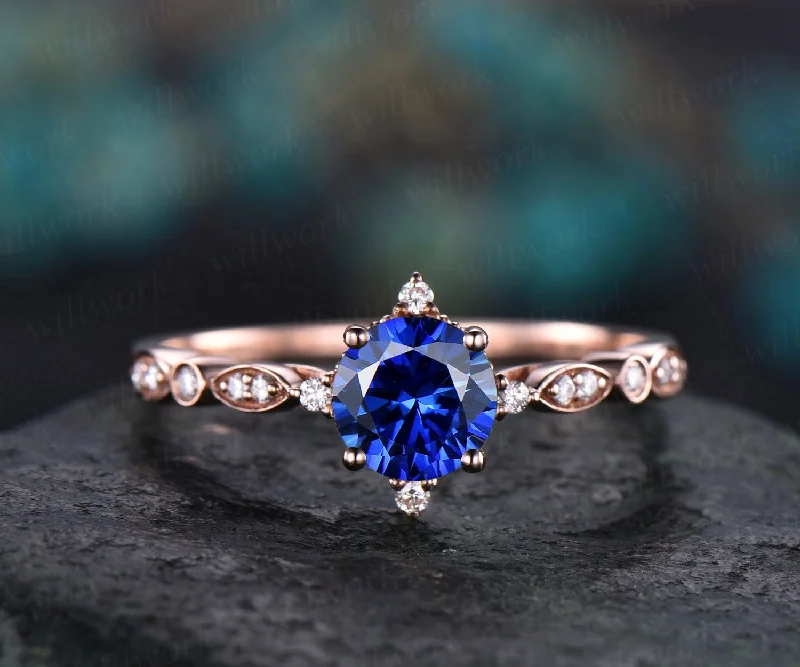 Art deco blue sapphire ring gold vintage sapphire engagement ring 14k rose gold diamond ring unique design for women wedding bridal ring